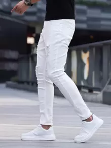 Manfinity Homme Men's Ripped Slim Fit Jeans - Beige - View 4