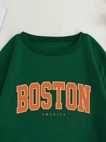 SHEIN EZwear Áo nỉ in chữ cỡ lớn, thích hợp cho lễ tốt nghiệp, tựu trường, áo chui đầu cho giáo viên, mùa thu đông. - Màu xanh lá cây đậm - Xem 5