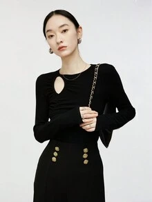 Áo len dài tay lót nhiệt ấm áp thoải mái khoét rỗng xếp ly ôm vừa vặn thu đông mới về - màu đen - Xem 5