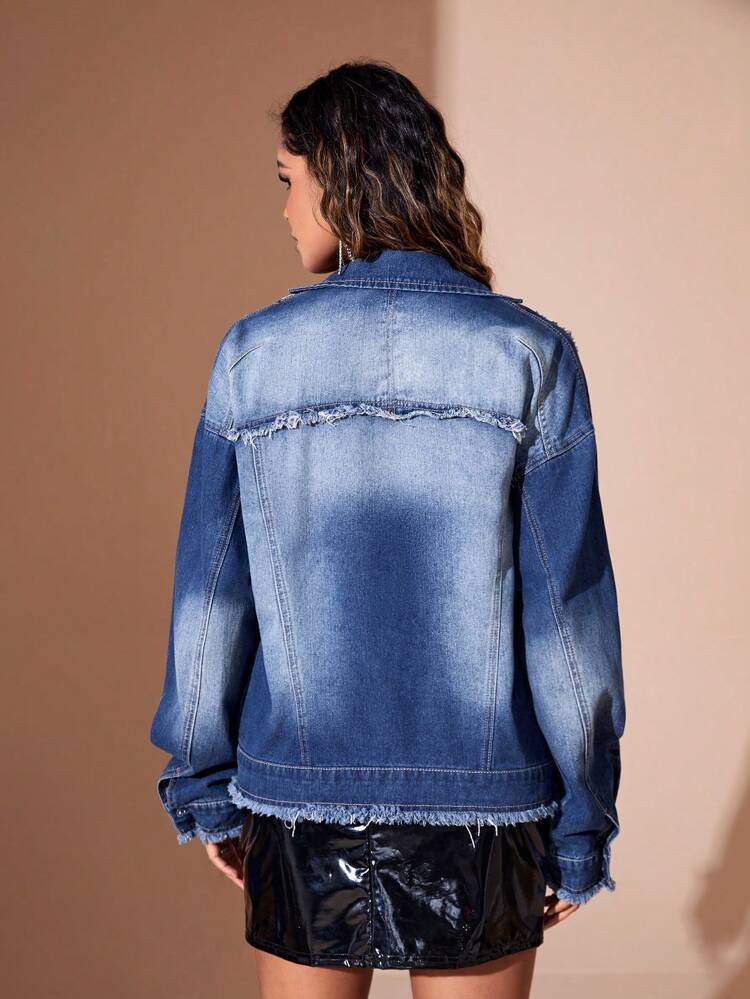 Turndown Collar Denim Jacket With Frayed & Decorative Edges After Wash