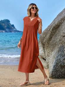 EMERY ROSE Women's Burnt Orange Notched Neck Button Detail Slit Dress For Summer - Redwood - View 7