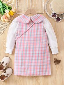 SHEIN 幼兒女童粉色格紋可愛彼得潘領連衣裙和長袖上衣套裝,適用於秋冬季節 - 粉色 - 查看 2
