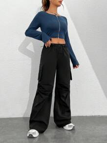 SHEIN EZwear Quý cô Khóa kéo-Mặt trước Tay áo dài Áo Và Quần Bộ - màu đen - Xem 6