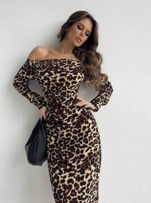 Firerie Off-shoulder In hoa Báo Đầm Với Khe nứt bên Đối với phụ nữ - màu nâu - Xem 3