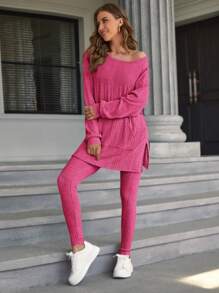 SHEIN Essnce 袋鼠口袋t恤與緊身褲2件套 - 玫紅色 - 查看 4