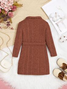 SHEIN 女嬰休閒針織高領長袖束腰帶連身裙 - 鏽棕色 - 查看 2