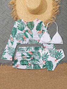 Tween Girl Bikini Set With Leaf Print Summer Beach - Green - View 2