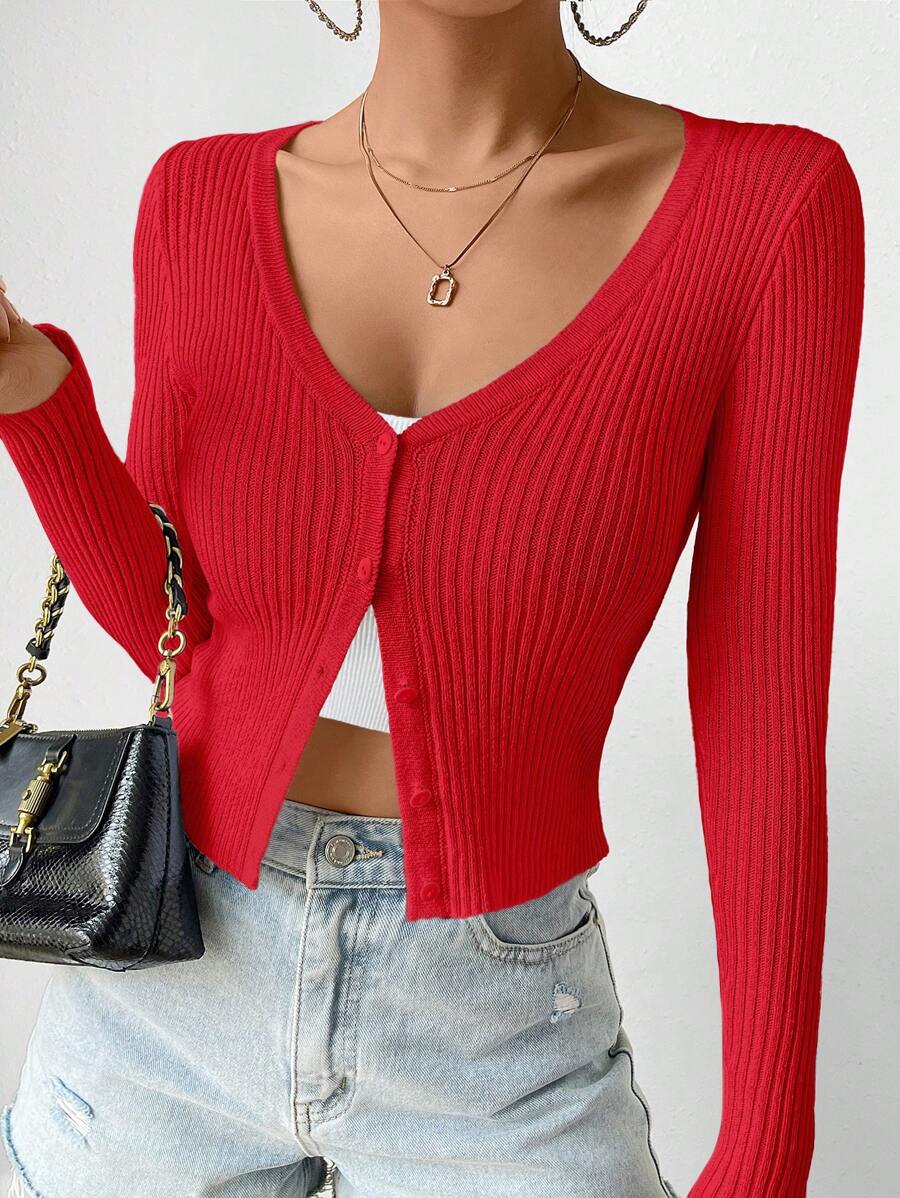 SHEIN Frenchy 女士修身款條紋針織開襟毛衣 - 紅色 - 查看 1