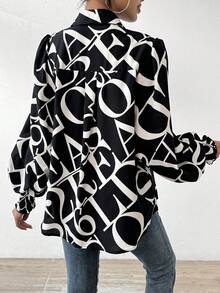 SHEIN Privé 文字圖案燈籠袖襯衫 - 黑色 - 查看 2