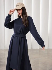 Seusyu Women'S Round Neck Raglan Sleeve Dress - Navy Blue - View 2