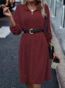 SHEIN LUNE Solid Color Lapel Dress - Burgundy - View 5