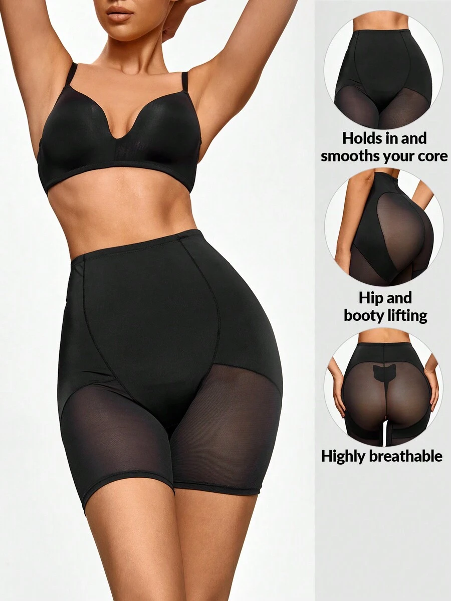 SHAPORA Shorts de fajas de talle alto de malla en contraste - Negro - Ver 1