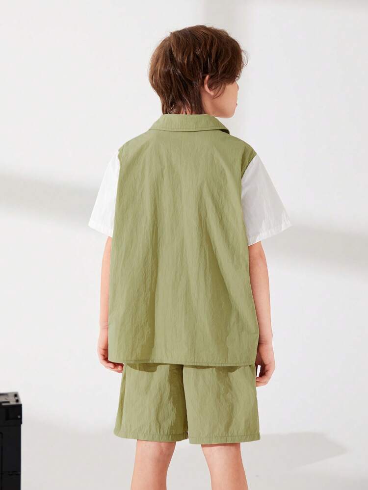 Tween Boy Casual Turn-Down Collar Half Placket Pullover With Spliced Contrast Sleeves 2 In 1 Design Top & Woven Solid Shorts Set
