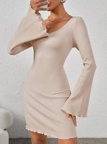 SHEIN EZwear 女士針織鈴鐺袖連衣裙 - 杏色 - 查看 1