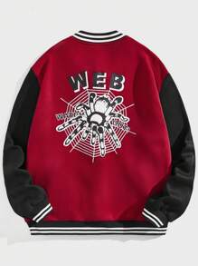 ROMWE MEN Street Life 男士字母&蜘蛛圖案條紋飾邊落肩袖飛行員夾克 - 彩色 - 查看 1