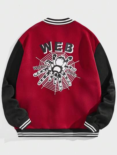 Street Life Guys Letter & Spider Graphic Striped Trim Drop Shoulder Bomber Jacket