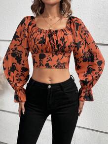 SHEIN Clasi 花卉印花短上衣,配有飄逸袖子 - 棕色 - 查看 3