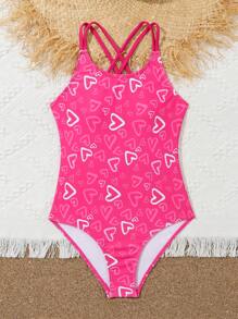 SHEIN Tween Girl One Piece Swimsuit With Heart Print - Hot Pink - View 5