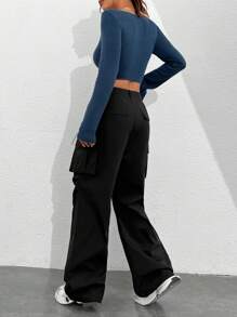SHEIN EZwear Quý cô Khóa kéo-Mặt trước Tay áo dài Áo Và Quần Bộ - màu đen - Xem 2