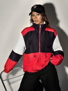 SHEIN EZwear Đỏ  Và Trắng Tương phản Màu sắc Của phụ nữ Áo khoác - Đỏ và trắng - Xem 4
