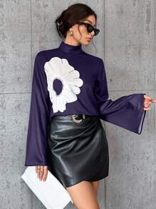 SHEIN Privé Women's Stand Collar Floral Print Bell Sleeve Shirt - Navy Blue - View 3