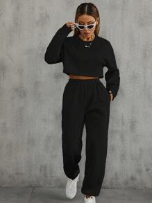 SHEIN Unity Drop Shoulder Cropped Sweatshirt And Elastic Waist Sweatpants Sports Set - Black - View 6