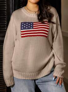 SHEIN EZwear Plus Size Women's Flag Patterned Sweater Pullover