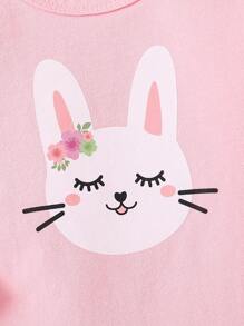 SHEIN Baby Girls' Home Outfits, Pink Full Of Flower Long Sleeve Bodysuit, 3pcs Set, Cute Rabbit Ears Design, High Content, Suitable For Spring And Autumn - Multicolor - View 4