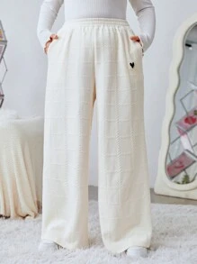SHEIN EZwear 女性心形印花休閒長褲,附有口袋 - 米色 - 查看 4