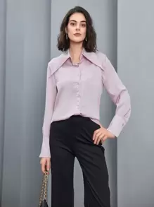 Anewsta Long Sleeve Satin Shirt - Pink - View 1
