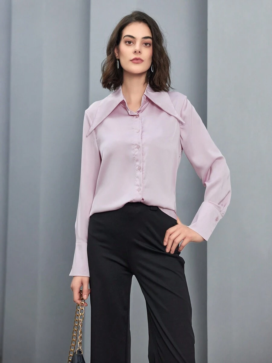 Anewsta Long Sleeve Satin Shirt - Pink - View 1