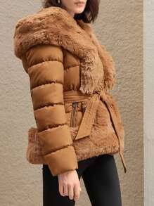 Anewsta 女式拼接棉袄帶領,帶有領子 - 黃色 - 查看 7