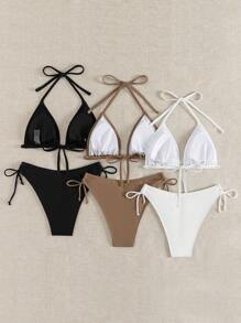 SHEIN Swim Conjunto de traje de baño de unicolor para mujer, ideal para festivales de música de verano - Multicolor - Ver 3