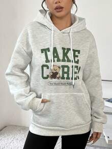 SHEIN Unity Cartoon & Slogan Print Kangaroo Pocket Hoodie - Grey - View 5