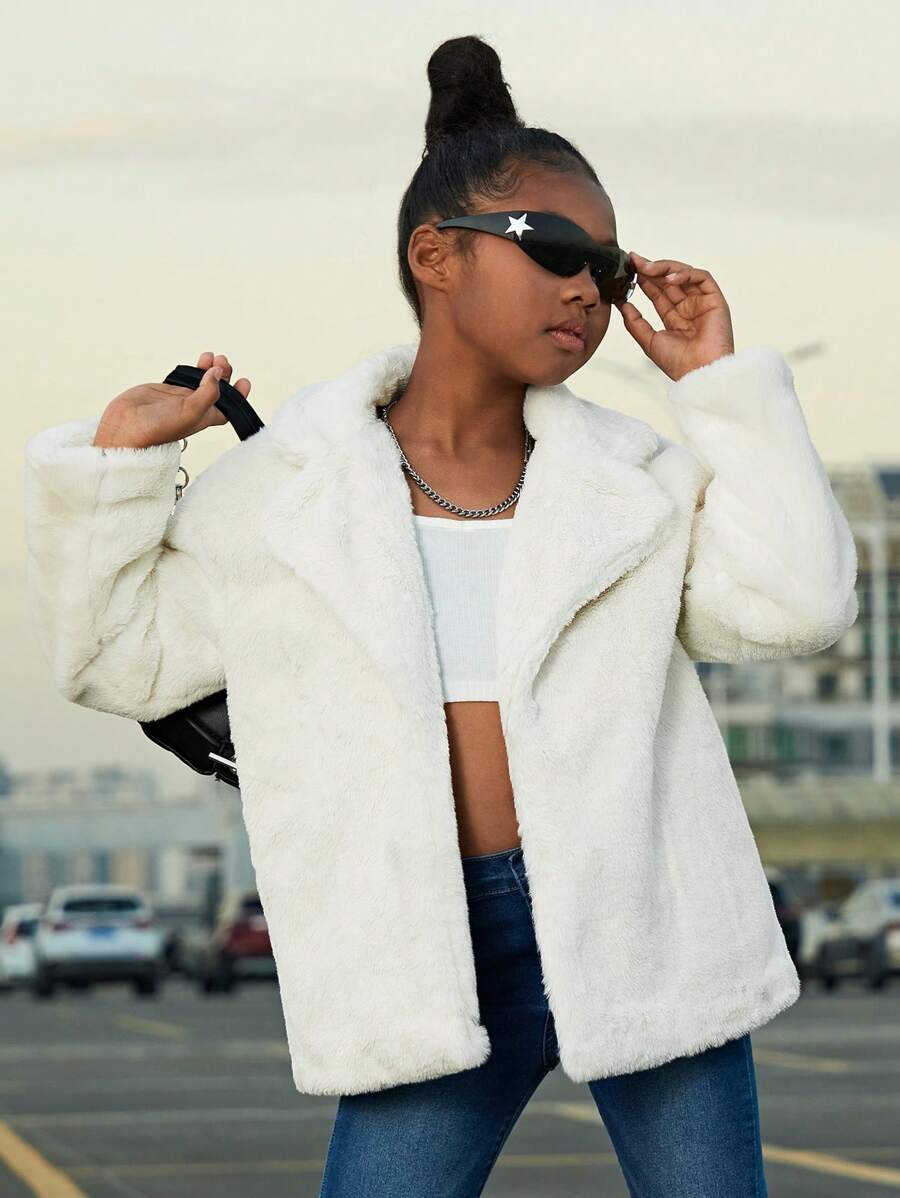 SHEIN Tween Girl Lapel Neck Slant Pockets Drop Shoulder Fuzzy Coat - Beige - View 1