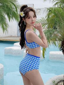 DAZY Plaid Pattern Cami Bikini Set Summer Beach,Tankini Bathing Suit