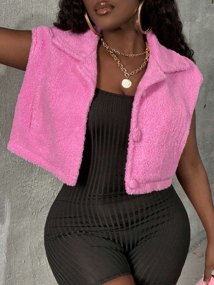 Solid Color Cropped Woolen Vest Jacket