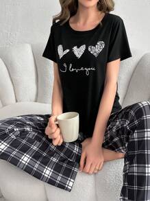 Heart & Letter Embossed T-Shirt And Plaid Long Pants Pajama Set - Black - View 7