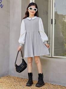 SHEIN Váy liền thân cổ Peter Pan đan lưới nhiều màu cho bé gái tuổi teen với thiết kế dệt để mặc thường ngày - Nhiều màu - Xem 4