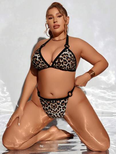 Swim SXY 大码豹纹挂脖式分体比基尼套装夏季海滩