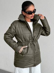 RueChic Drawstring Waist Zipper Puffer Coat - Khaki - View 3