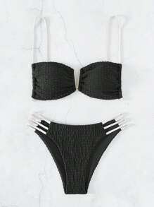 SHEIN Swim Summer Beach Women's Texture Fabric Hollow Out Two-Piece Bikini Set - Black and White - View 5