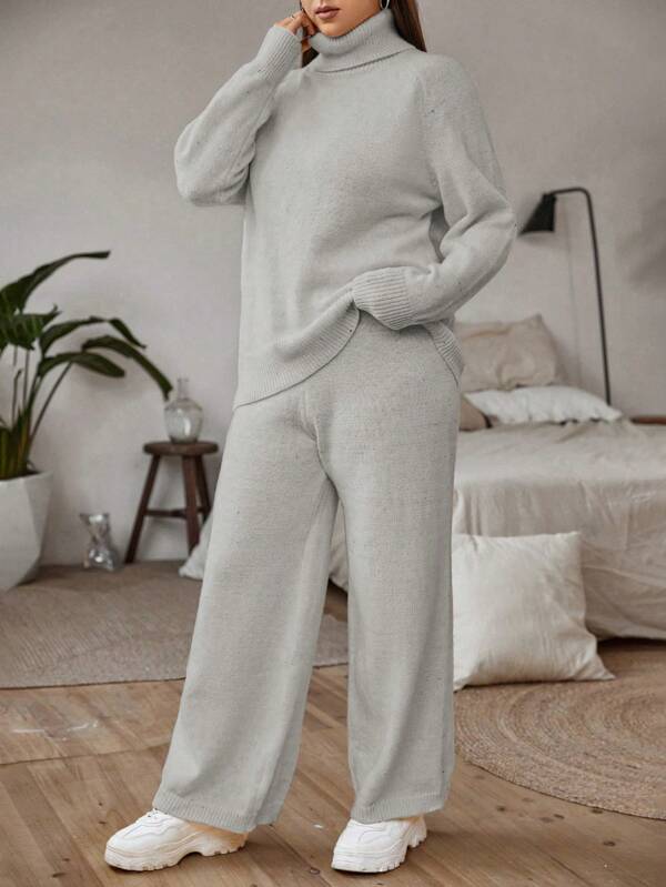 Flirla Plus Size Women's Turtleneck Long Sleeve Sweater And Pants Set