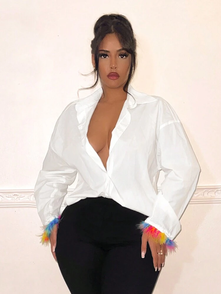 Women's White Shirt With Colored Cuffs Fringe