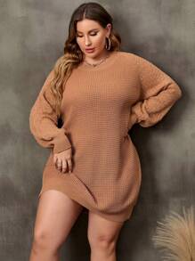 SHEIN LUNE 加大碼純色燈籠袖毛衣裙 - 駝色 - 查看 4