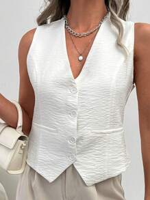 SHEIN Chaleco De Traje Blanco Con Cuello En V Y Botones Delanteros - Blanco - Ver 5