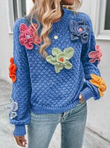 SHEIN LUNE Sweater With 3d Flower Decoration And Drop Shoulder Design - Blue - View 4