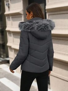 SHEIN LUNE 前拉链连帽加厚棉服外套冬季衣服带毛绒装饰 - 灰色 - 查看 2
