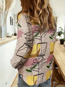 新款春秋季花卉印花反領休閒寬鬆親膚長袖襯衫 - 淺灰色 - 查看 2