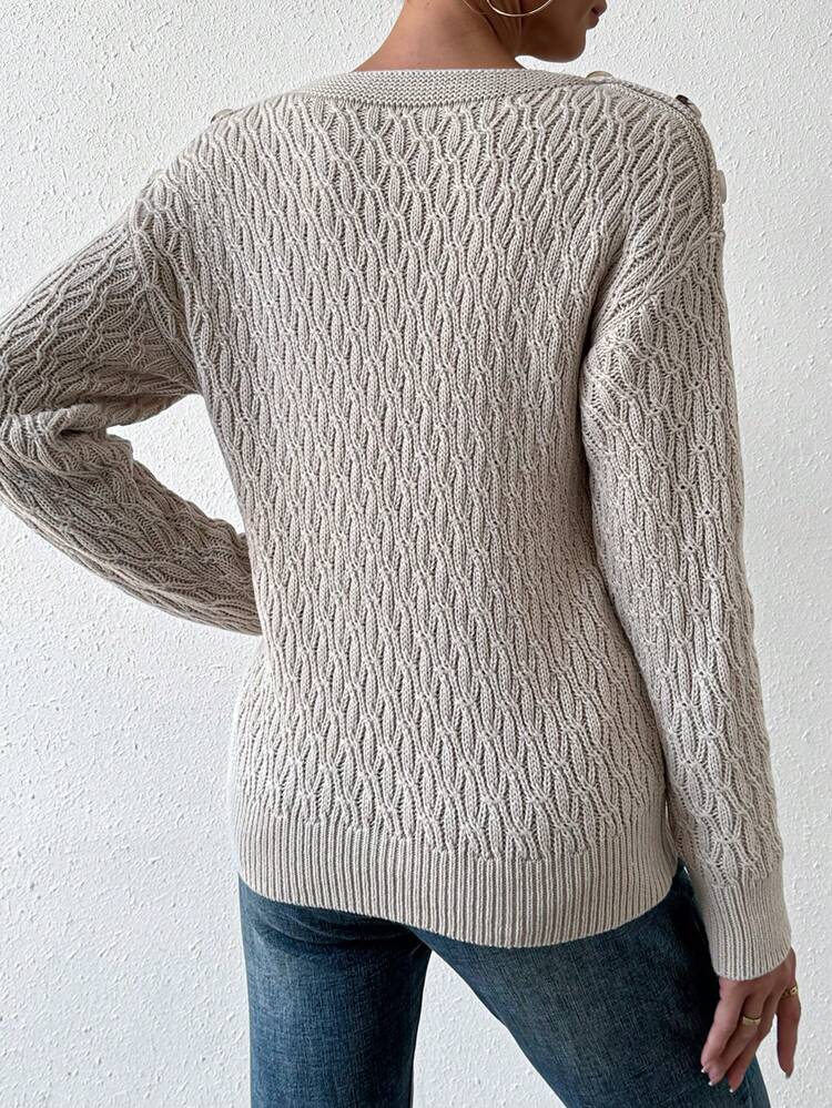 Solid Color Drop Shoulder Button Detail Knit Pullover Fall Winter Sweater